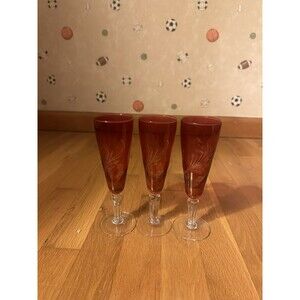 Set of 3 Bohemian Czech Cut to Cranberry Wine Flute Glasses Vintage 7'’ Floral
